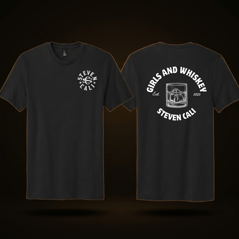 Girls & Whiskey black tee — front and back