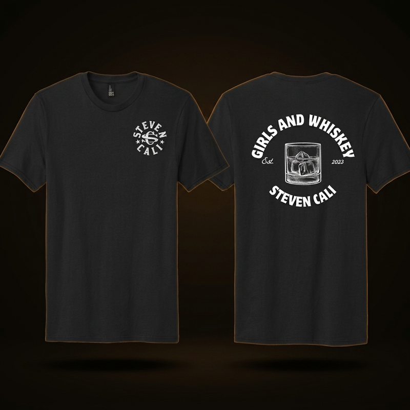 Girls & Whiskey black tee — front and back