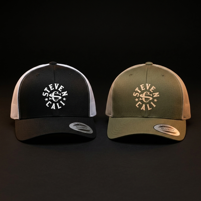 Steven Cali trucker hats — black/white and olive/tan snapbacks with embroidered logo