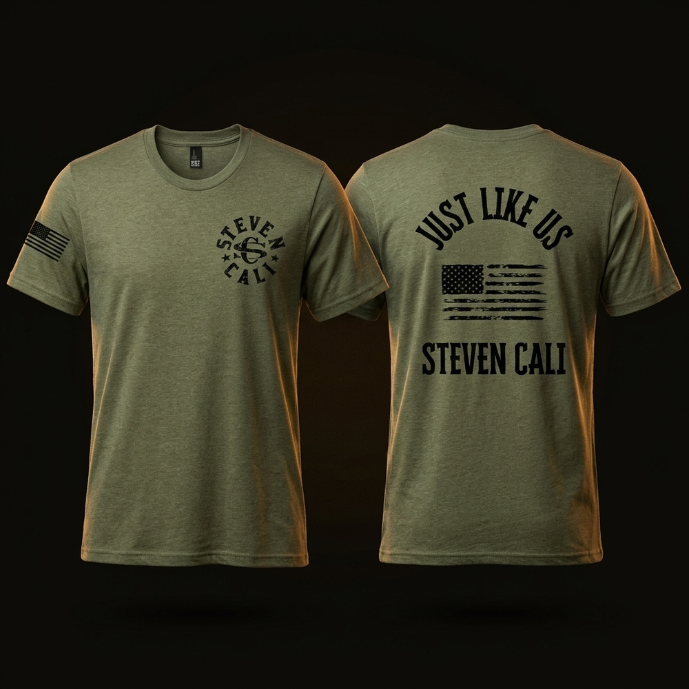 Just Like Us military-green tee — front and back
