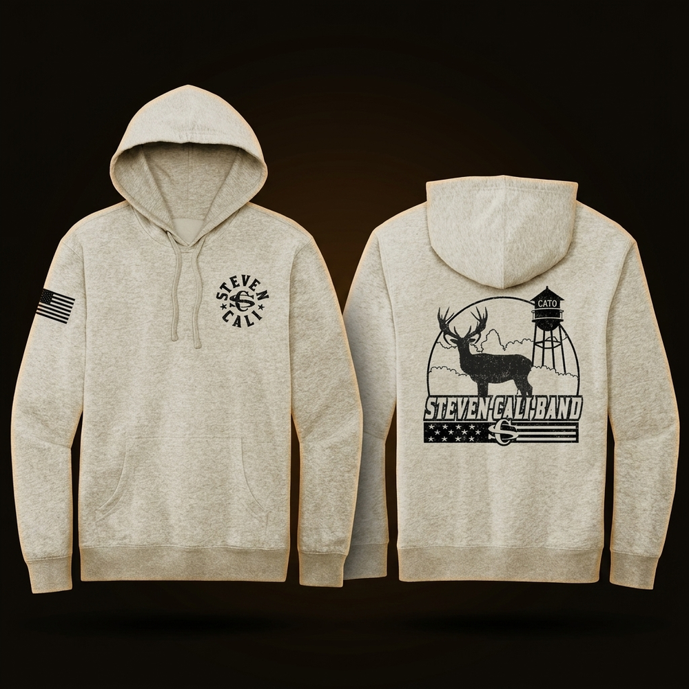Steven Cali Band oatmeal hoody — front and back