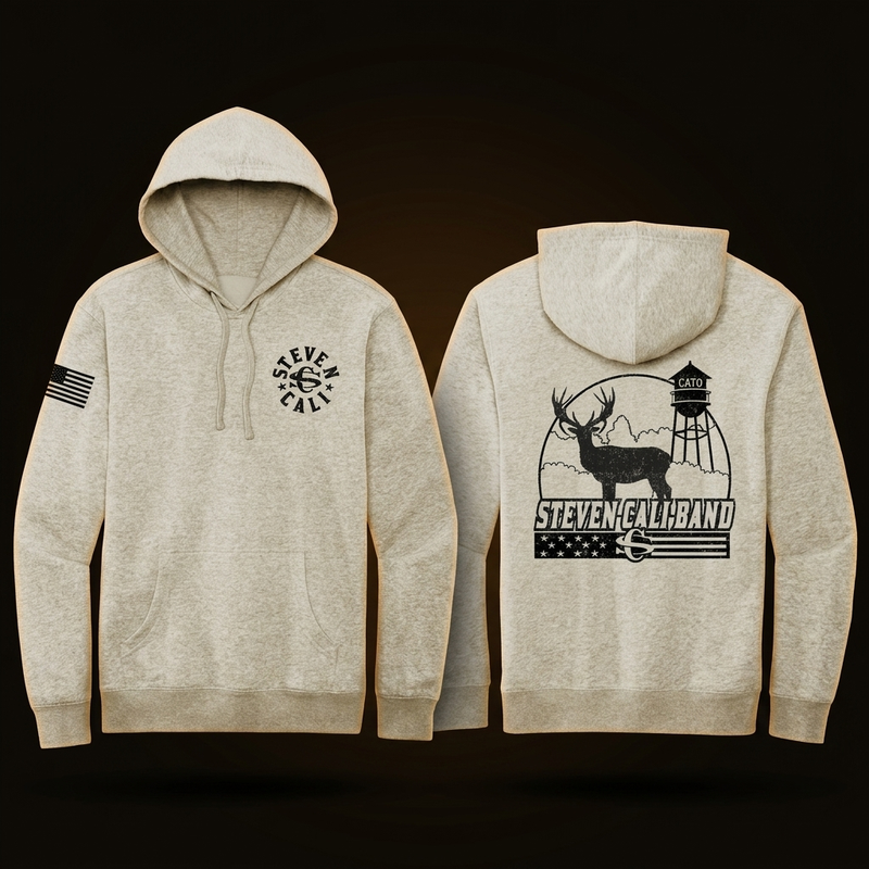 Steven Cali Band oatmeal hoody — front and back