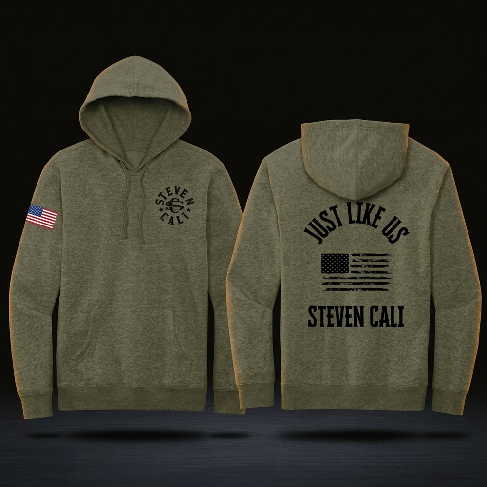 Just Like Us olive hoody — front and back