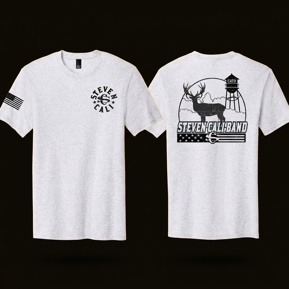 Steven Cali Band white heather tee — front and back